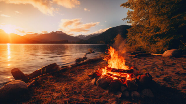 Campfire lit up by the sun on a lake. Generative AI