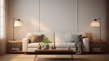 Mockup living room interior with wine red sofa,door ,table,lamp.3d rendering