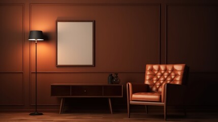 Brown living room with armchair,table,lamp and abstract painting art.3d rendering