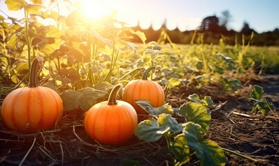 orange pumpkins at outdoor farmer field, thanksgiving day created with Generative AI technology