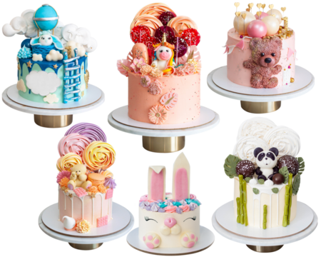 Mix of different colorful cakes with animals for children' birthday party. Isolated on white background, png