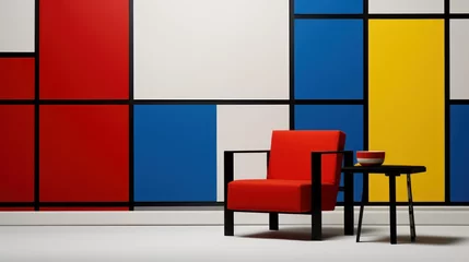Foto auf Acrylglas De stijl interior with chair and table.Composition with red,blue,yellow,black and white.3d rendering © Eli Berr