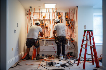 Worker repairing and tuning electrical system, renovation at home, working on main panel