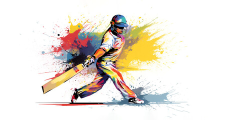 Fototapeta na wymiar Cricket sport player colorful illustration on white, banner with copy space