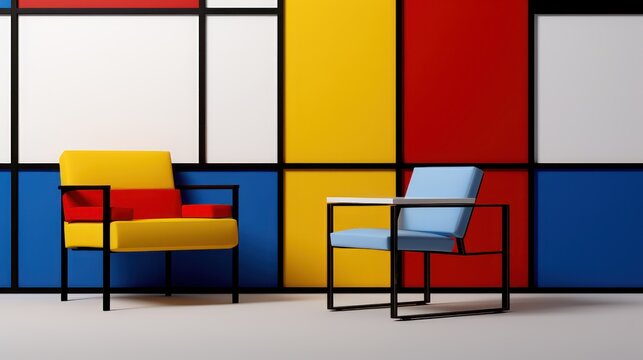 De stijl interior with chair and table.Composition with red,blue,yellow,black and white.3d rendering