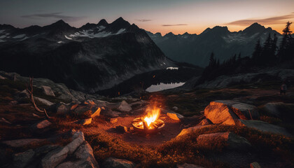 Tranquil scene of mountain range at dusk, campfire burning bright generated by AI
