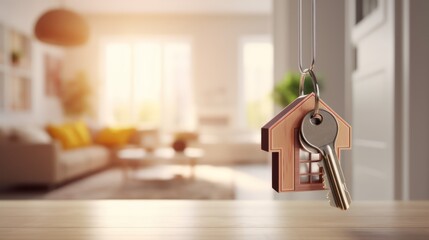 House key and house model in house door with living room background.Concept for real estate,property,agent. 3d rendering