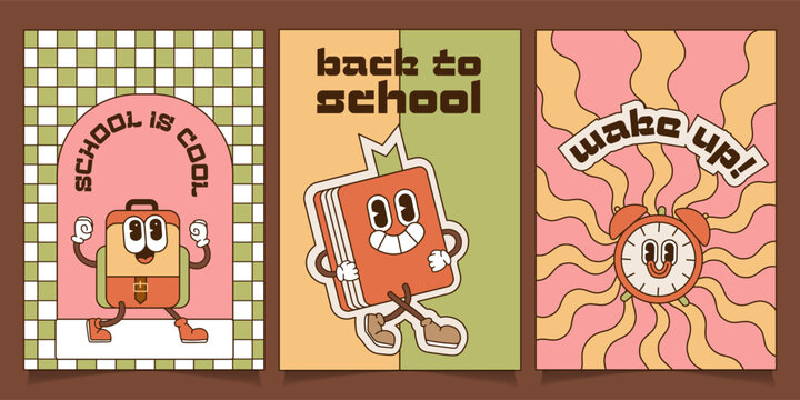 Set of Back to School a4 Banners in Groovy vintage Style. Collection of posters with backpack, book and alarm clock cartoon characters. Contour flat Vector illustration.