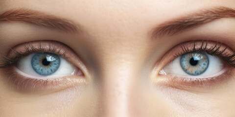 Fototapeta premium Young beautiful woman with blue eyes, closeup detail to her face, both iris visible. Generative AI