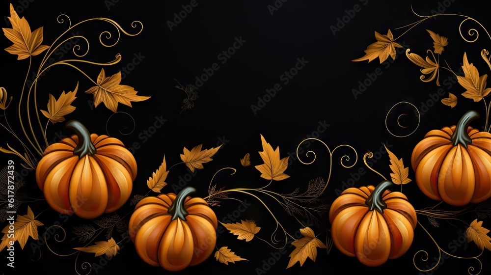 Poster autumn leaves and pumpkins with decorative scroll. created with generative ai technology