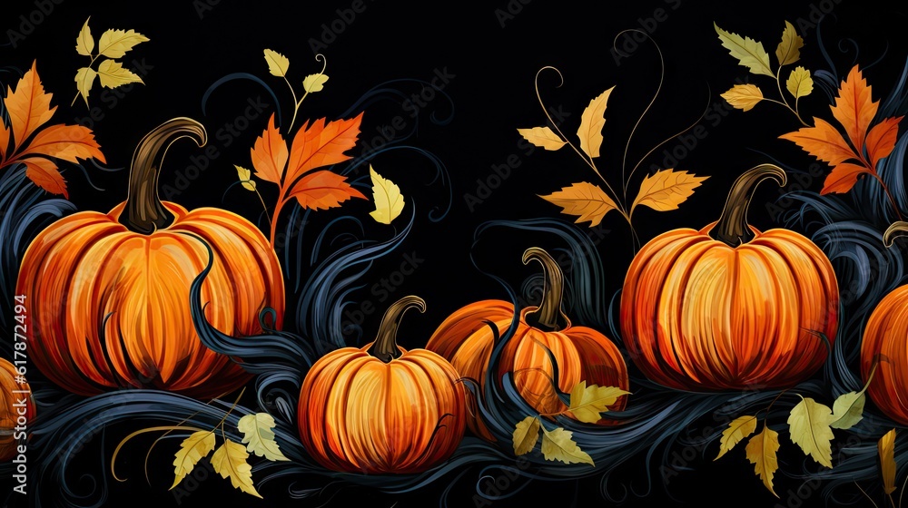 Poster autumn leaves and pumpkins with decorative scroll. created with generative ai technology