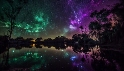 Obraz premium Tranquil scene illuminated by star trail in multi colored galaxy generated by AI