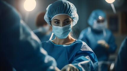 Healthcare worker in a surgical gown, surrounded by medical equipment and holding a medical tool, while a compassionate nurse in scrubs assists them