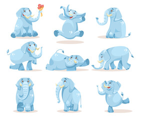 Obraz na płótnie Canvas Cute Blue Elephant Character with Large Ear Flaps and Trunk Vector Set