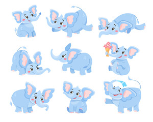 Cute Blue Elephant Character with Large Ear Flaps and Trunk Vector Set