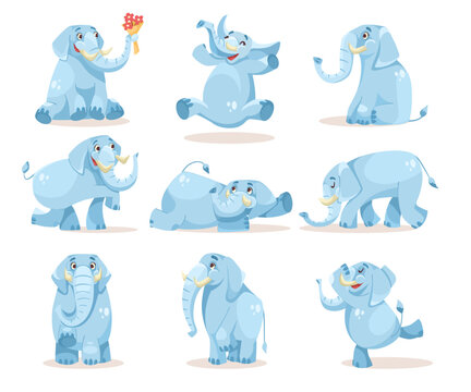 Cute Blue Elephant Character with Large Ear Flaps and Trunk Vector Set