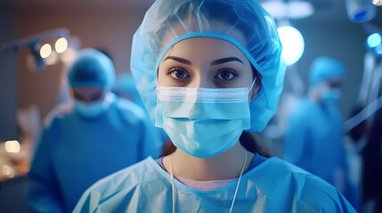 Healthcare worker in a surgical gown, surrounded by medical equipment and holding a medical tool, while a compassionate nurse in scrubs assists them