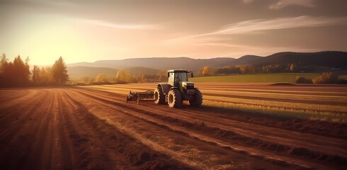 Fototapeta premium Sunset in the countryside. Tractor on a large field, creating beds to sow seeds into purified soil. The agricultural vehicle. Generative Ai.
