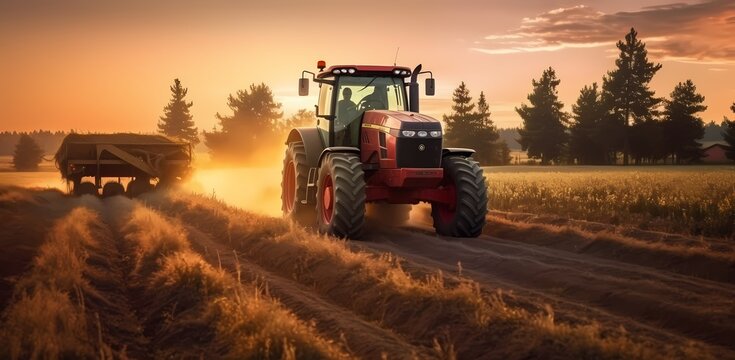 Sunset in the countryside. Tractor on a large field, creating beds to sow seeds into purified soil. The agricultural vehicle. Generative Ai.