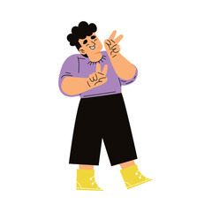 Cute Emotional Boy Child Smiling Feeling Happy with V Sign Gesture Vector Illustration