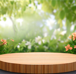 Beige background with round wood slice podium with green leaves. Generative AI