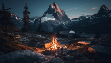 Mountain peak, snow, campfire flame, natural phenomenon, tranquil scene, outdoors generated by AI
