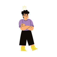 Cute Emotional Boy Child Feeling Arrogant with Crown on Head and Folded Arms Vector Illustration