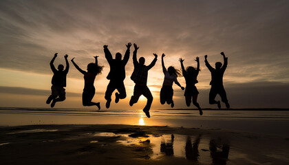 A joyful group of people jumping in the back lit sunset generated by AI