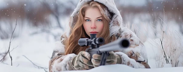 Foto op Canvas A beautiful young hunter woman in camouflage lies on the ground and looks into the rifle. generative ai © Michal