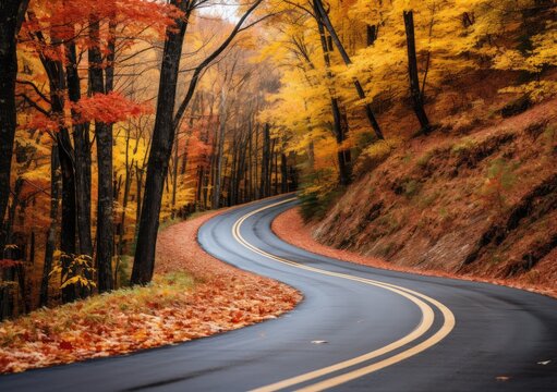 Autumn road trip. Highway in beautiful autumn landscape created with Generative AI technology