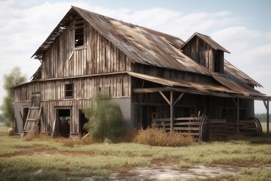 A deserted old barn with a rusted metal roof and weathered wood, Generative AI