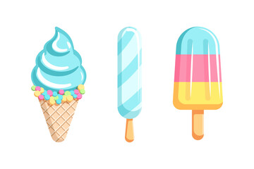 A set of three types of delicious and cold ice cream for a hot summer. Vector illustration.