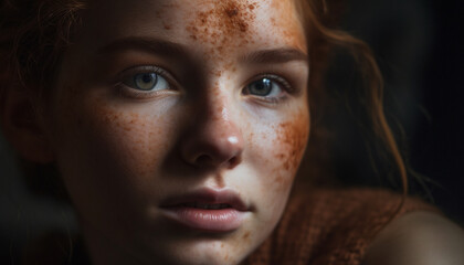 Sadness and loneliness in the eyes of a young girl generated by AI