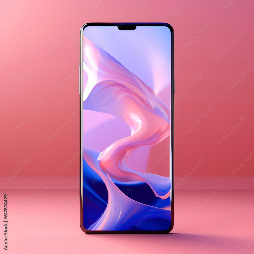 Poster smartphone with abstract holographic screen on pink background. 3d rendering generative ai