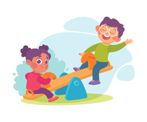 Entertainment with Little Boy and Girl on Seesaw in Amusement Park Vector Illustration
