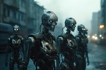 Naklejka premium An army of evil robots in a post apocalyptic world.