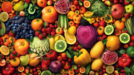 Get ready for a flavor explosion with this vibrant image of colorful fruits and veggies. Generative ai.