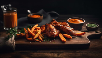 Rustic grilled meat plate with fresh vegetables and homemade fries generated by AI