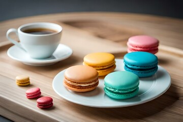 Obraz na płótnie Canvas Different colored macaroons at a wooden table in the plate, By Generative Ai