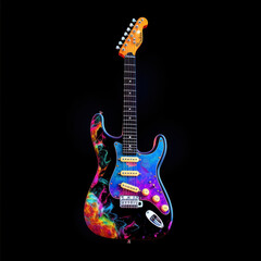 Plakat electric guitar on a black background with a lot of colorful splashes generative ai