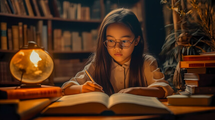 Asian girl studying intently, her eyes focused on a book with determination