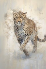 Fototapeta premium Leopard form and spirit through an abstract lens. dynamic and expressive Leopard print by using bold brushstrokes, splatters, and drips of paint. Leopard raw power and untamed energy Generative AI