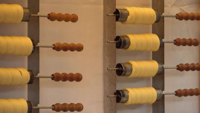 Czech trdelnik confectionery on display. Traditional Czech Bakery Products Trdelnik