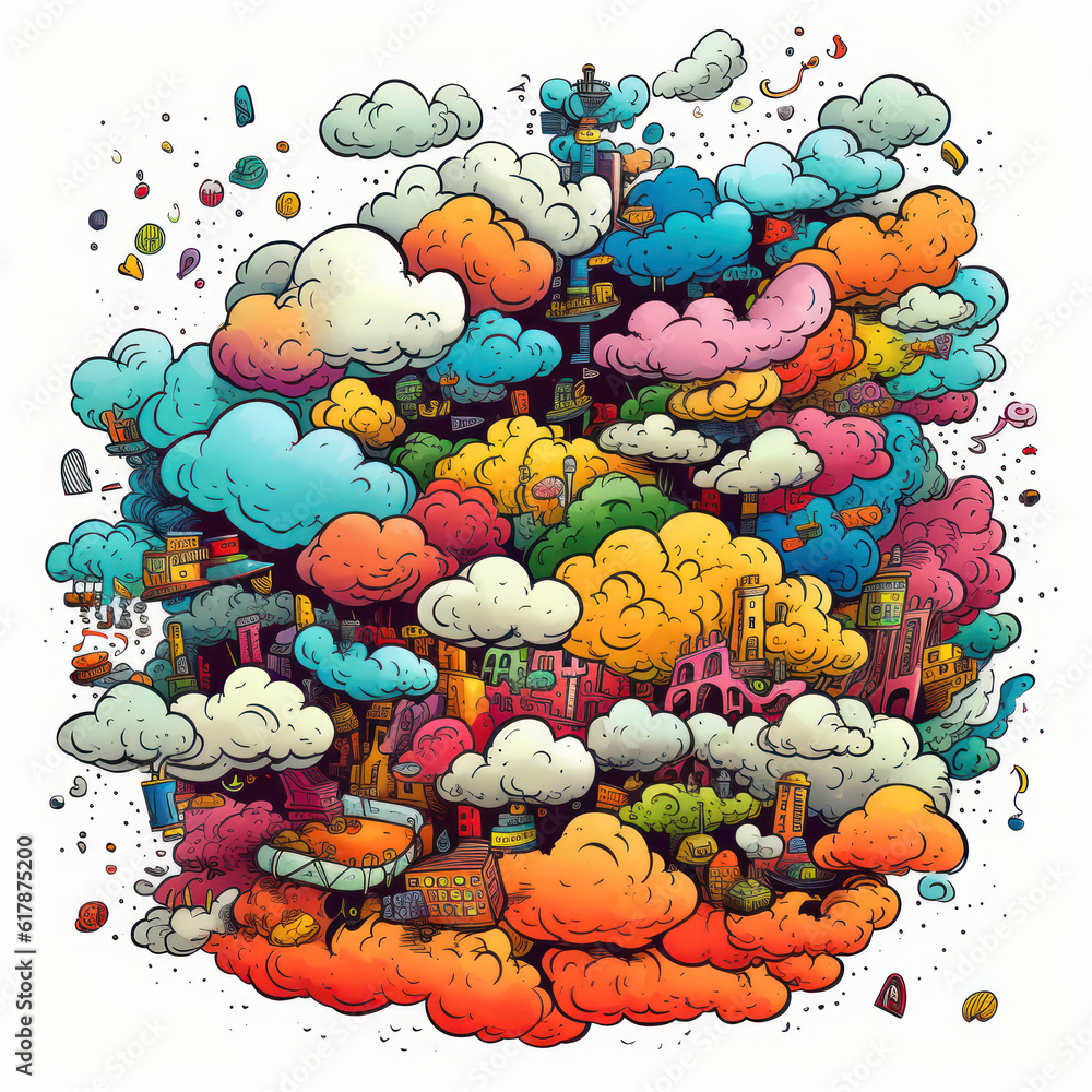 Poster vector illustration of cartoon colorful cloud with different doodle objects. generative ai