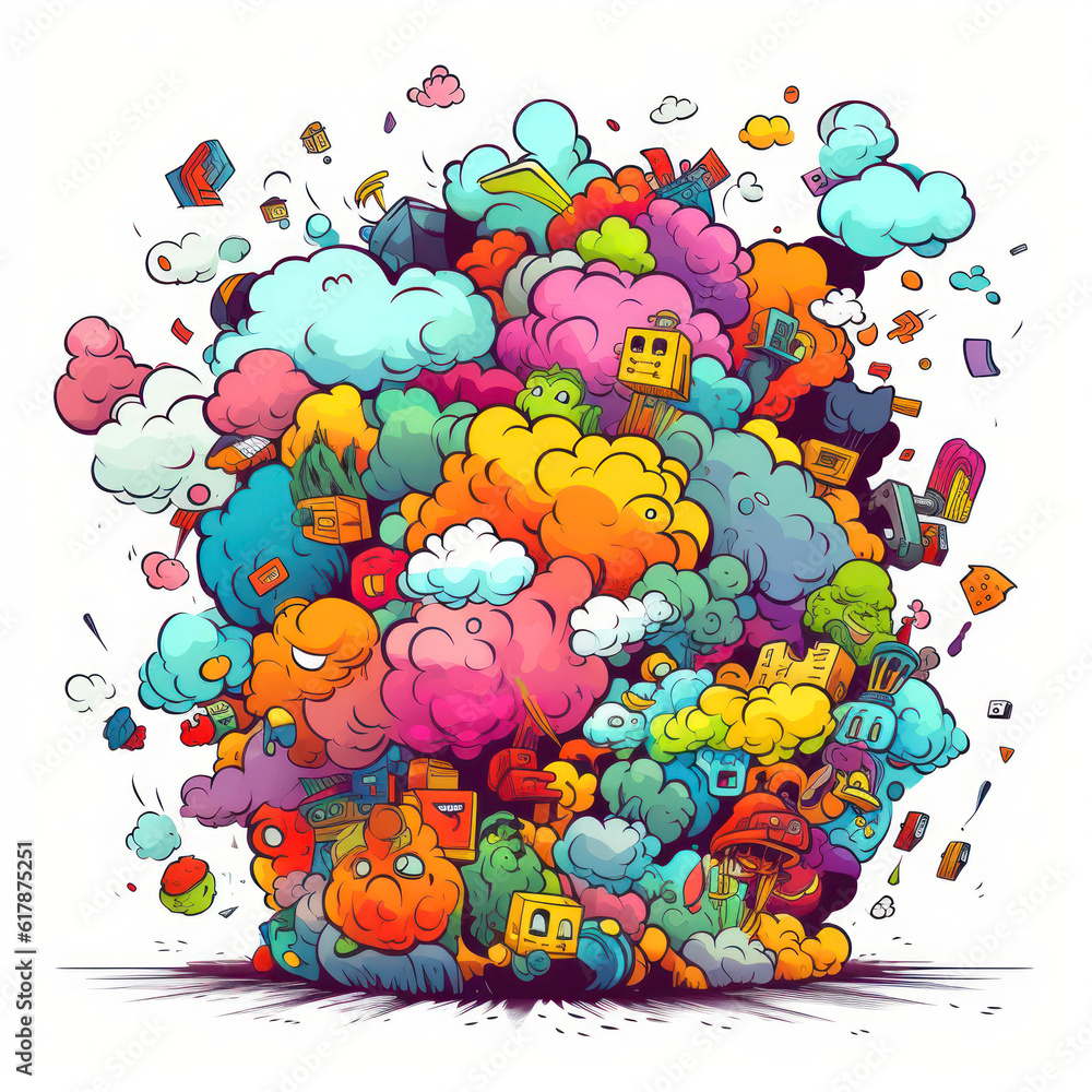 Poster colorful cloud with different doodle objects. generative ai