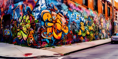 Fototapeta premium Street Art Scene: A vibrant urban setting with colorful graffiti murals. Generative ai.