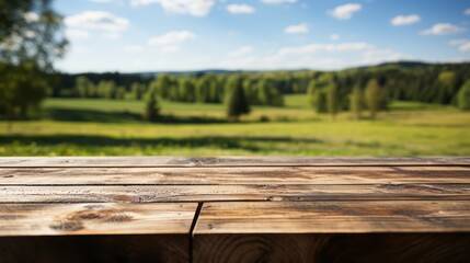 Empty wooden table with a serene meadow and trees