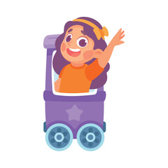 Entertainment with Little Girl in Amusement Park Riding Train Carousel Vector Illustration