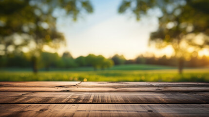 Fototapeta premium Empty wooden table with a serene meadow and trees