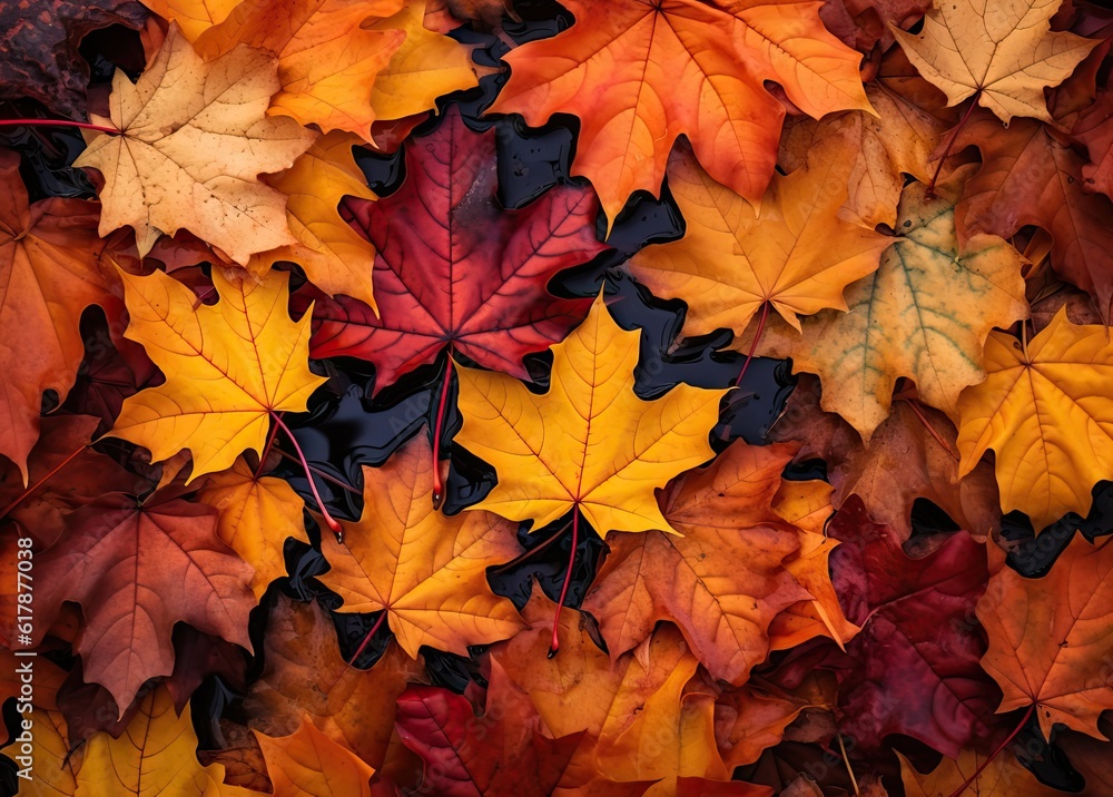 Poster autumn. multicolored leaves lie on the ground created with generative ai technology